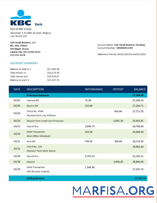 Printable KBC Bank corporate account statement Word and PDF template